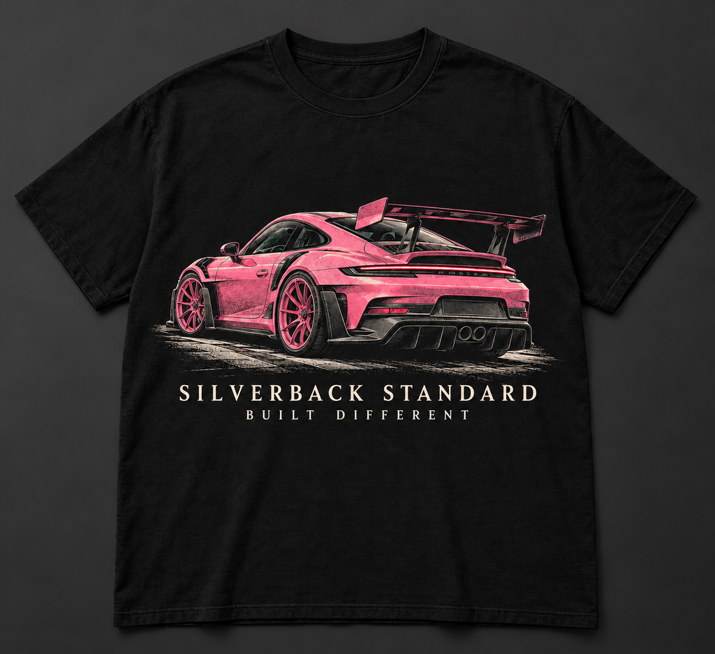 Pink track-inspired coupe with oversized rear wing — front design