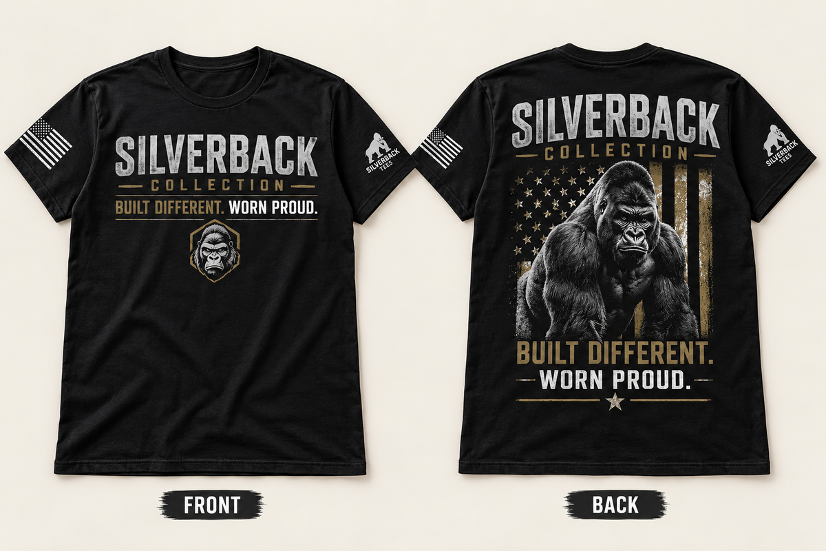 Silverback Collection Built Different Tee, front and back flat lay