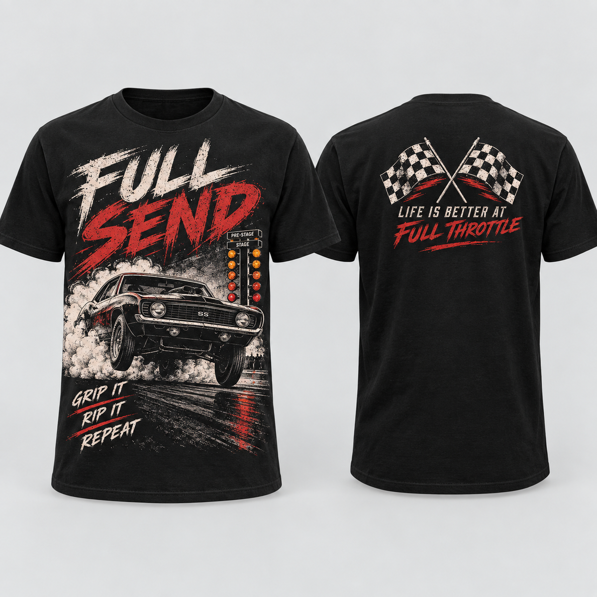 Full Send muscle car T-shirt front and back