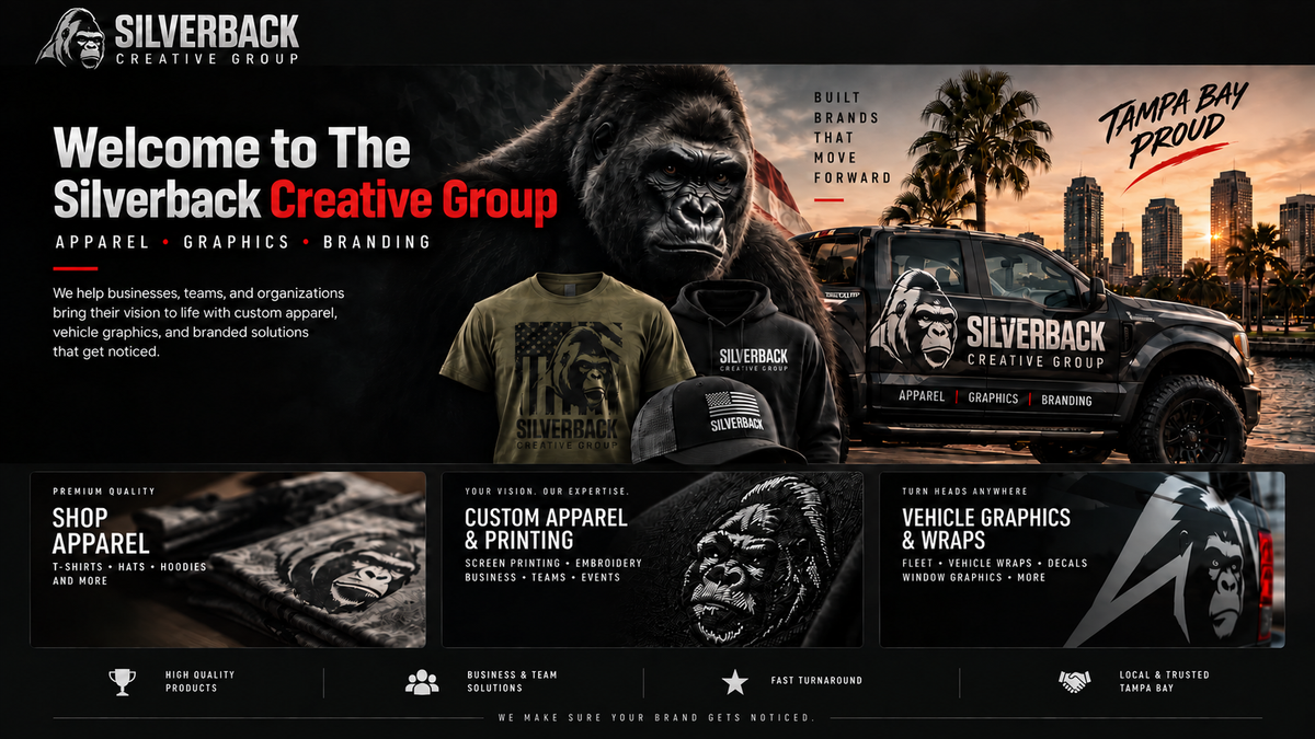 Silverback Creative Group banner with gorilla, apparel and Tampa skyline