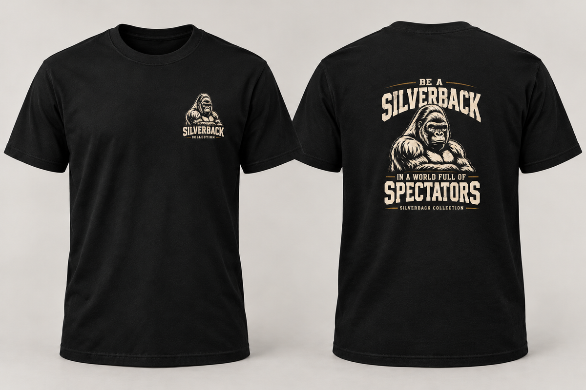 Silverback Spectators Tee in black, front and back with smaller print layout