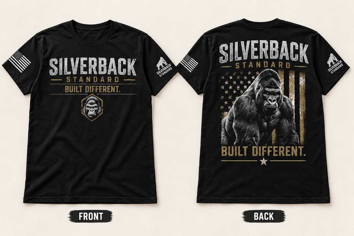 Silverback Built Different Tee — Silverback Standard. Front and back design mockup.