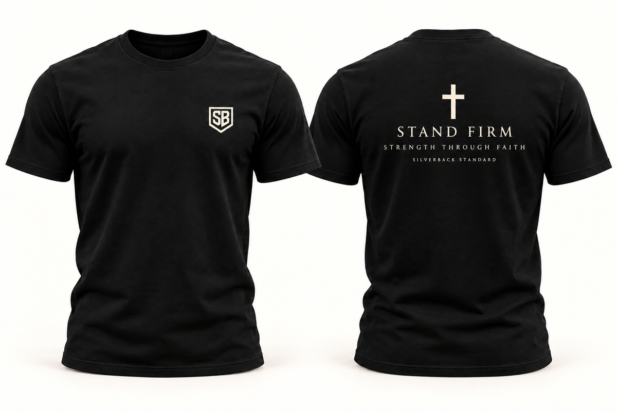 Stand Firm Tee — black shirt with small SB shield on front and cross with clean faith wording on back