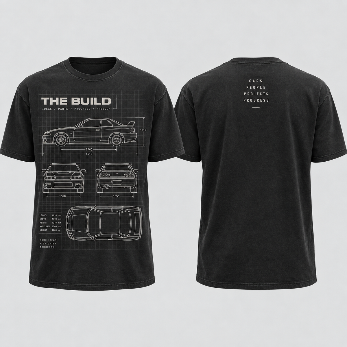 The Build automotive blueprint T-shirt front and back