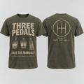 Three Pedals Save the Manuals T-shirt front and back